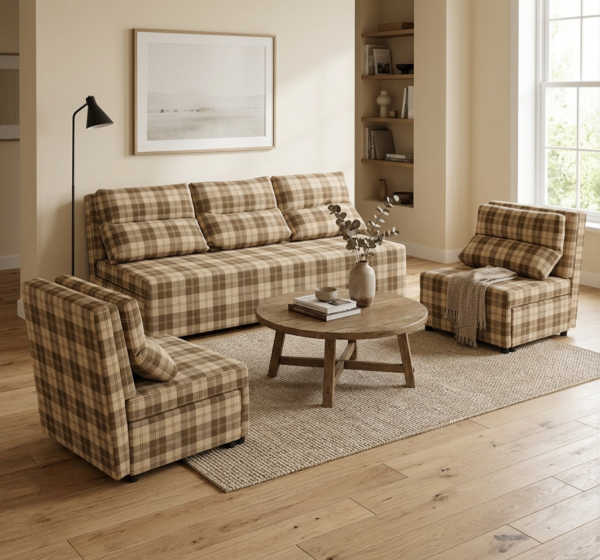 Zestaw wypoczynkowy sofa 3 kanapa fotele brąz kratka Kimo Family Meble — komfort