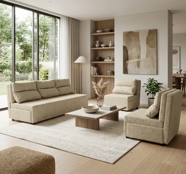 Zestaw wypoczynkowy sofa 3 kanapa fotele beż szenil do salonu KIMO Family — komfort