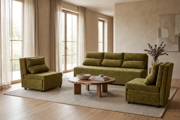 Zestaw wypoczynkowy sofa 3 kanapa fotele zielony szenil KIMO Family Meble — komfort