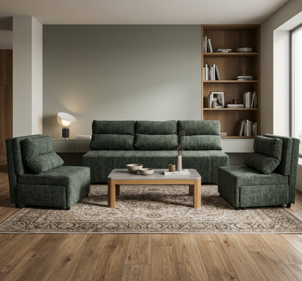 Zestaw wypoczynkowy sofa 3 kanapa fotele szary szenil wygodny Kimo Family — komfort