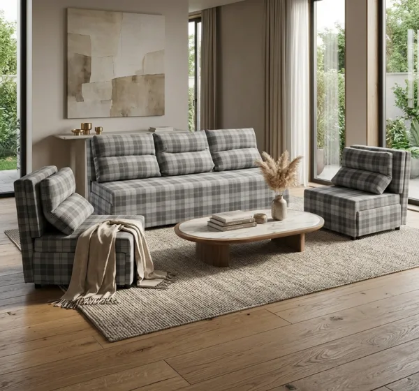 Zestaw wypoczynkowy sofa 3 kanapa fotele szary kratka Kimo Family Meble — komfort