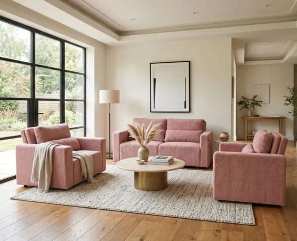 Zestaw wypoczynkowy sofa 2 kanapa fotele salon różowy Komo Family meble — komfort