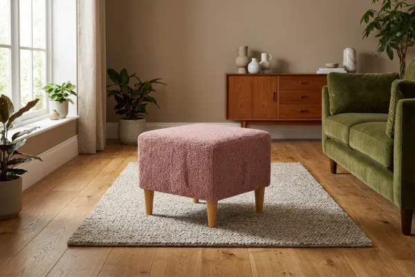 Ari pufa tapicerowana puf podnóżek siedzisko salonu różowa Family Meble — komfort