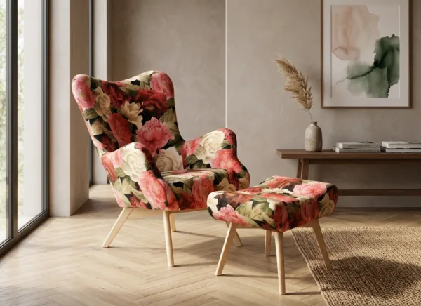 Fotel skandynawski podnóżkiem pufą kwiaty welurowy Luna Print Family Meble — komfort