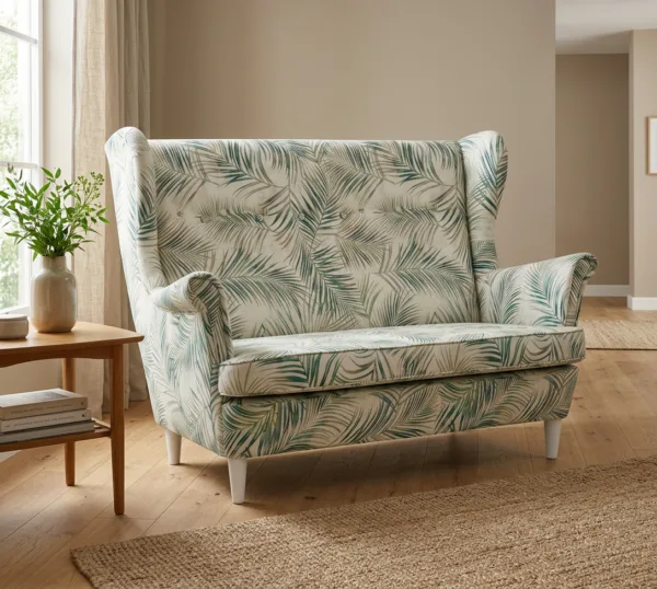 Sofa Kanapa Uszak Skandynawska odcienie beżu dwuosobowa salonu Family Meble — komfort