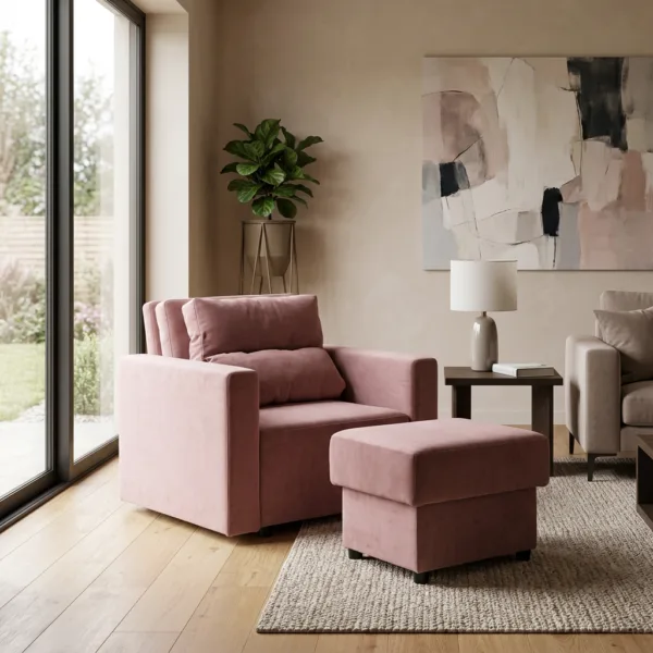 Fotel Komo pudrowy róż jasny róż pastela sofa 1 os welur Komo Family Meble — komfort