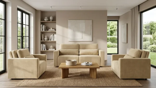 Zestaw wypoczynkowy kanapa sofa rozkładana 2 fotele beżowy do salonu KOMO — komfort