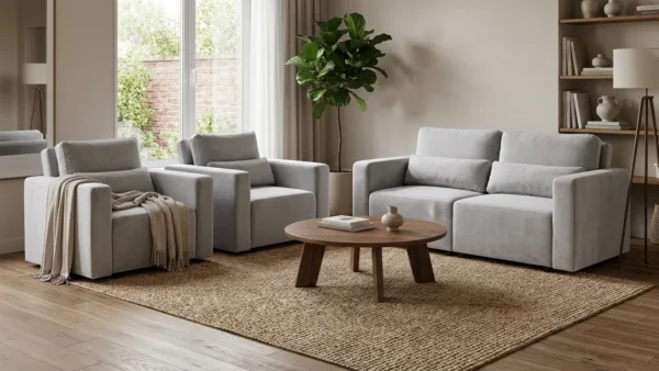 Zestaw wypoczynkowy kanapa sofa rozkładana 2 fotele szary welur Komo Family — komfort
