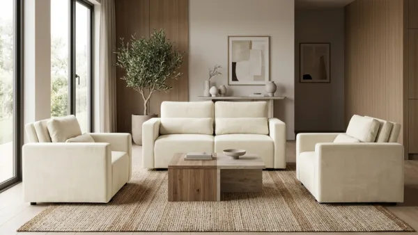 Zestaw wypoczynkowy kanapa sofa rozkładana 2 fotele kremowy welur Komo — komfort
