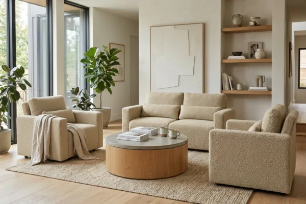 Zestaw wypoczynkowy kanapa sofa rozkładana 2 fotele beż boucla Komo Family — komfort