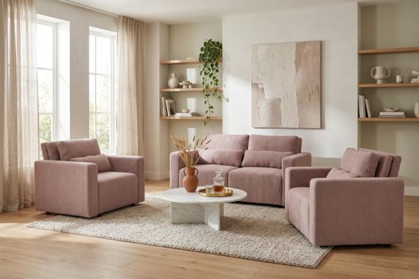 Zestaw wypoczynkowy kanapa sofa rozkładana 2 fotele pudrowy róż Komo Family — komfort