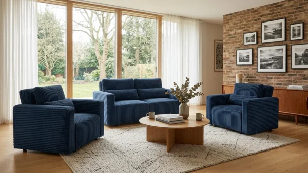Zestaw wypoczynkowy kanapa sofa rozkładana 2 fotele granatowy Komo Family — komfort