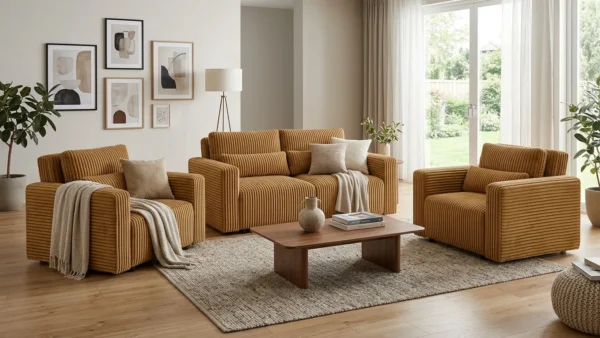 Zestaw wypoczynkowy kanapa sofa rozkładana 2 fotele sztruks miedziany welur — komfort