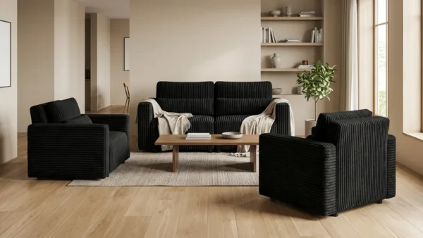 Zestaw wypoczynkowy kanapa sofa rozkładana 2 fotele czarny sztruks Komo — komfort