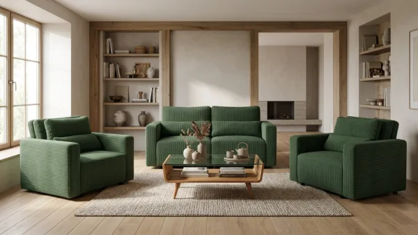 Zestaw wypoczynkowy kanapa sofa 2 fotele butelkowa zieleń sztruks Komo — komfort