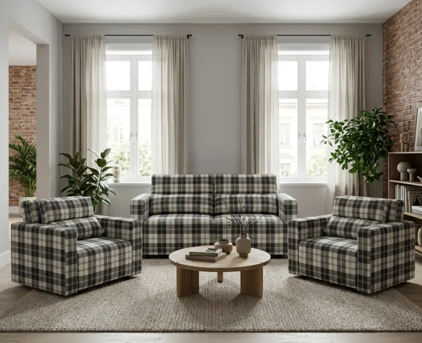 Zestaw wypoczynkowy kanapa sofa 2 fotele kratka czarny biały Komo Family — komfort