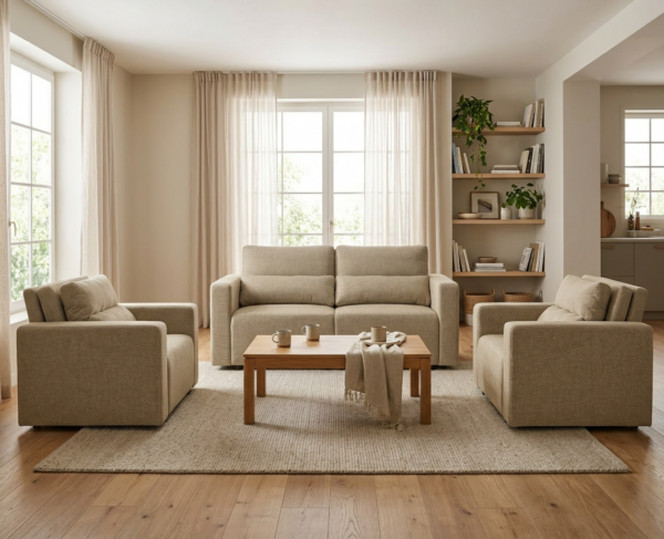 Zestaw wypoczynkowy kanapa sofa rozkładana fotele beżowy szenil Komo Family — komfort