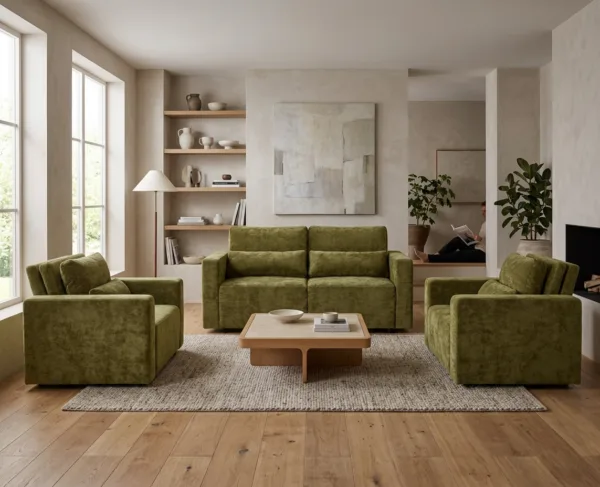 Zestaw wypoczynkowy kanapa sofa rozkładana 2 fotele zielony szenil Komo — komfort