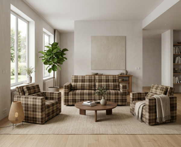 Zestaw wypoczynkowy kanapa sofa rozkładana 2 fotele beż kratka Komo Family — komfort