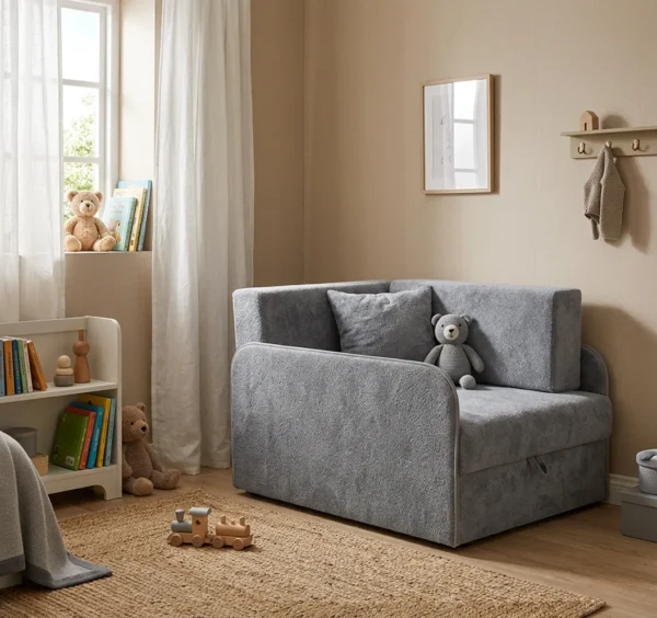 Łóżko dziecięce sofa kanapa rozkładana pojemnik szary welur Denis 3B Family — komfort