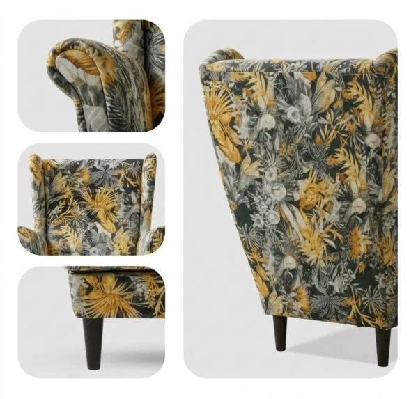 Fotel uszak skandynawski podnóżkiem pufą czarno żółty Print Family Meble — widoki i detale