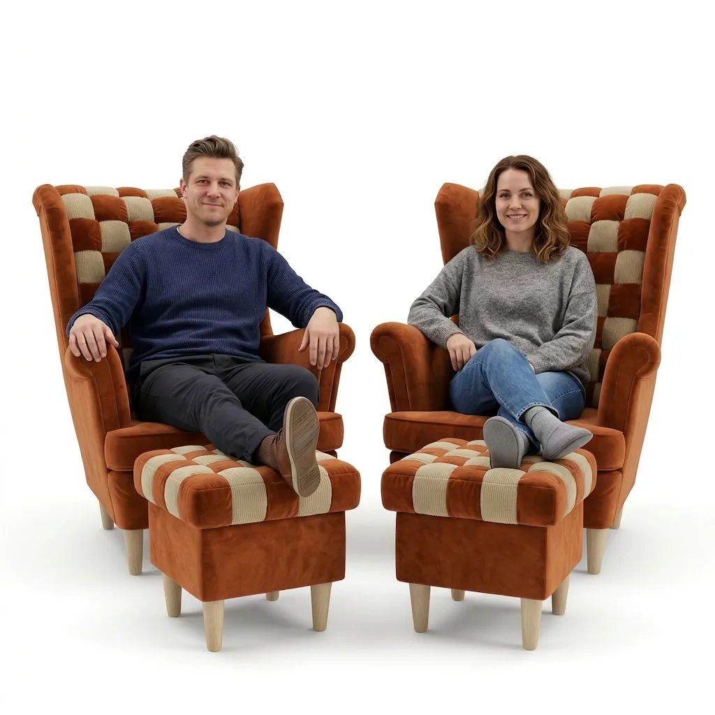 Fotele uszaki skandynawskie podnóżkiem pufą zielone Carol Duo Family Meble
