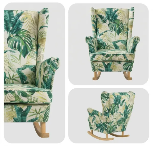 Fotel uszak skandynawski bujany płozach monstera zielony Print Family Meble — detale