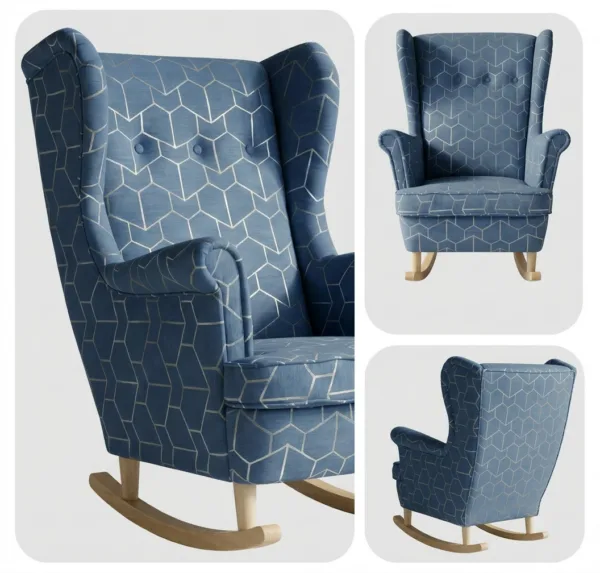Fotel uszak skandynawski bujany płozach niebieski welur Design Family Meble — detale