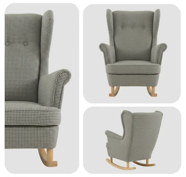 Fotel uszak skandynawski bujany płozach pepita wygodna Design Family Meble — detale