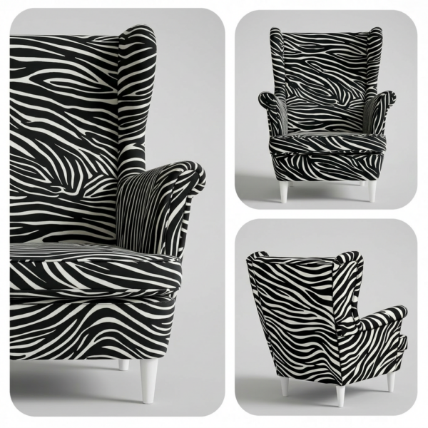 Fotele uszak skandynawskie czarno białe zebra Design Ari Print Family Meble — detale