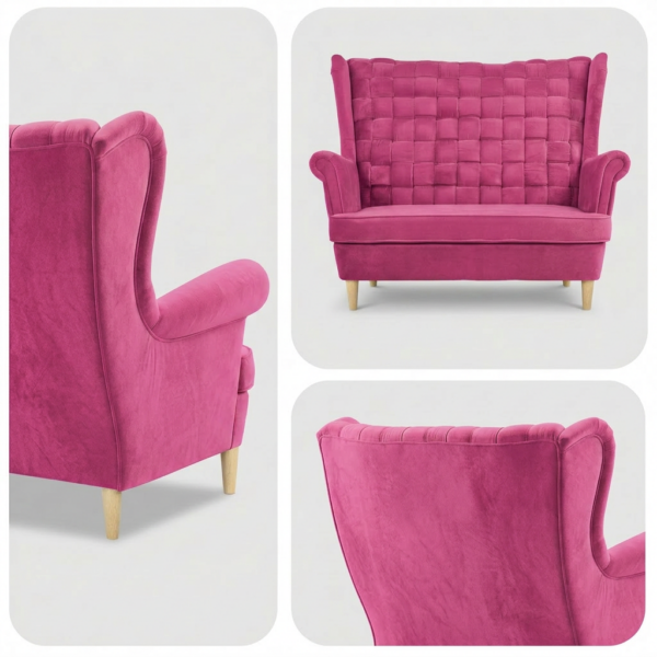 Sofa Kanapa Uszak Skandynawska fuksja pink welur sprężyn Carol Family Meble — detale