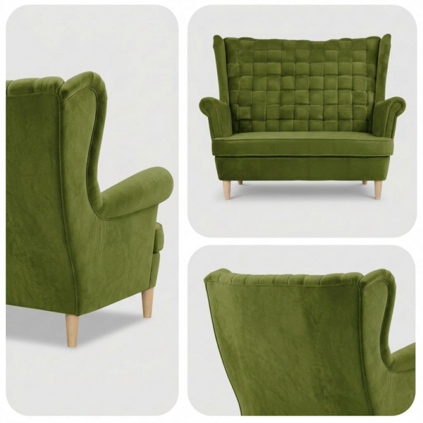 Sofa Kanapa Uszak Skandynawska zielona khaki moro welur Carol Family Meble — detale