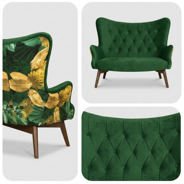 Sofa Kanapa Uszak Skandynawska zielone liście welur Luna Print Family Meble — detale