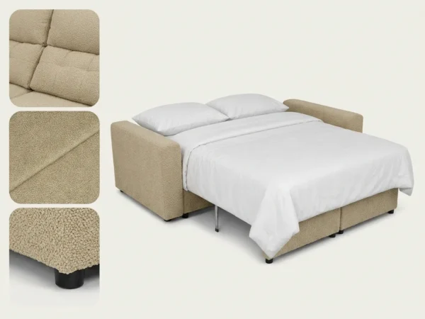 Kanapa 2 os sofa rozkładana spania pojemnik beżowy welur Komo Family Meble — detale