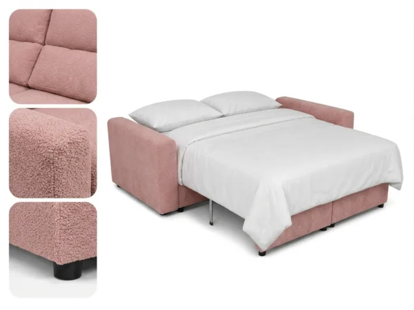 KANAPA 2 os sofa rozkładana spania pojemnik pudrowy róż welur wygodna Komo — detale