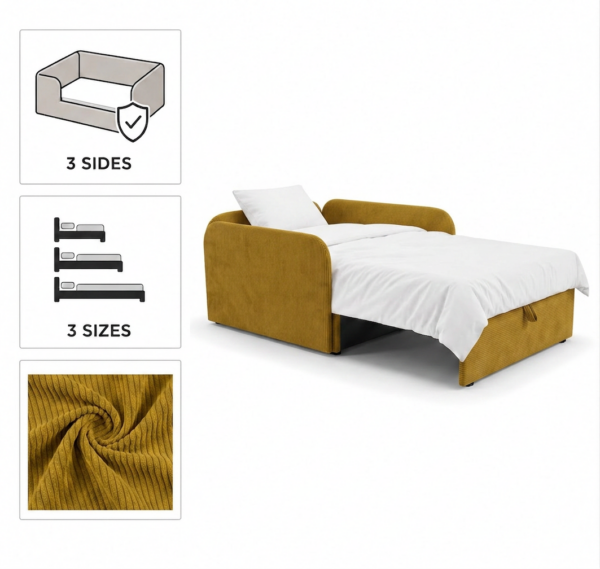 Łóżko dziecięce sofa kanapa rozkładana pojemnik musztardowy welur Denis 3B — detale