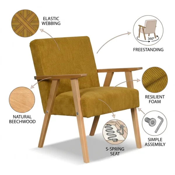 Fotel w stylu PRL retro krzesło vintage welur sztruks żółty Soler Family — detale