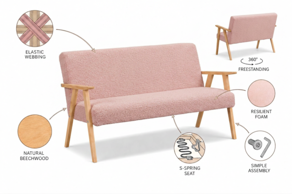 Sofa w stylu PRL retro kanapa vintage welur różowy Soler Family Meble — detale