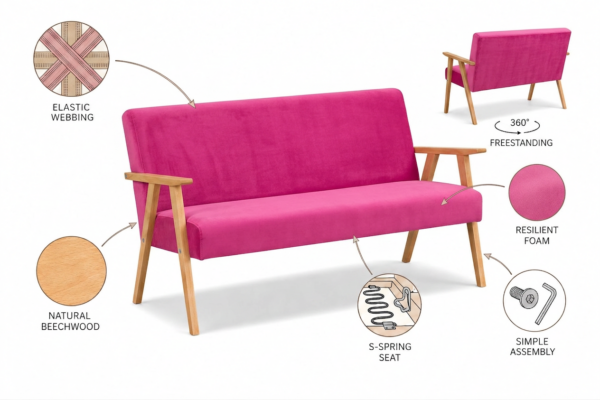 Sofa w stylu PRL retro kanapa vintage różowy fuksja Soler Family Meble — detale