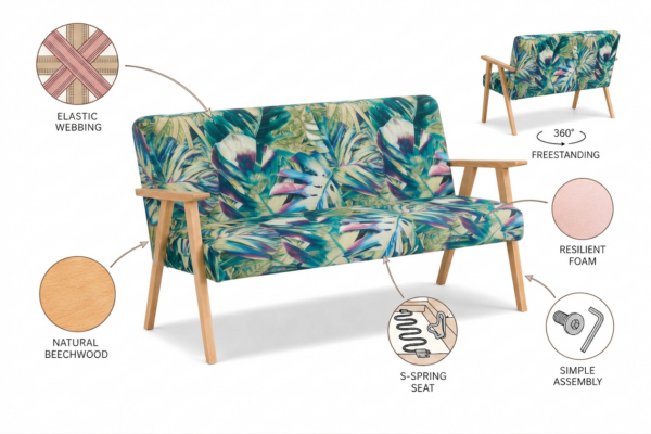 Sofa w stylu PRL retro kanapa vintage tropikalny zielony Soler Family Meble — detale