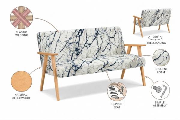 Sofa w stylu PRL retro kanapa vintage welur biały print Soler Family Meble — detale