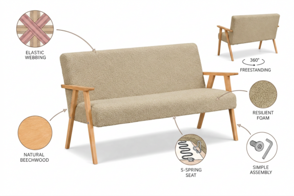 Sofa w stylu PRL retro kanapa vintage boucle beżowy Soler Family Meble — detale