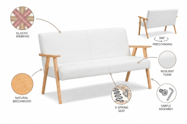 Sofa w stylu PRL retro kanapa vintage ekoskóra biały Soler Family Meble — detale