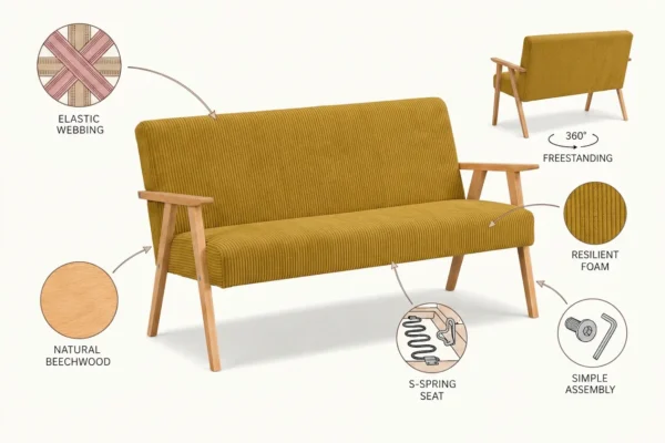Sofa w stylu PRL retro kanapa vintage welur musztardowy Soler Family Meble — detale