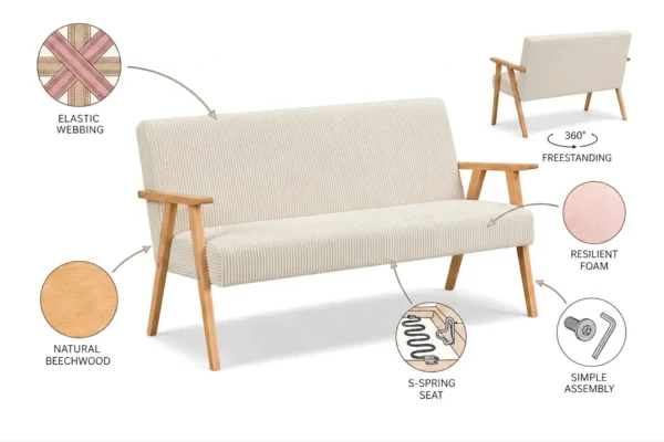 Sofa w stylu PRL retro kanapa vintage sztruks beż Soler Family Meble — detale