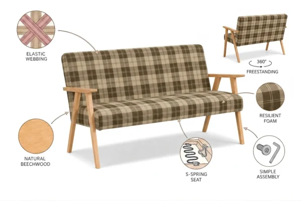 Sofa w stylu PRL retro kanapa vintage pleciony brąz Soler Family Meble — detale
