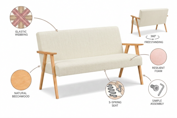 Sofa w stylu PRL retro kanapa vintage szenil welur beż Soler Family Meble — detale