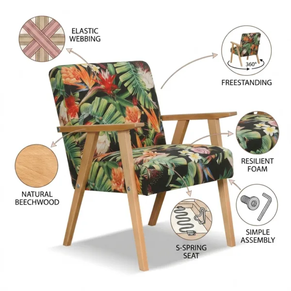 Zestaw wypoczynkowy sofa 2-os 2 fotele retro vintage ciemnozielony Soler — detale