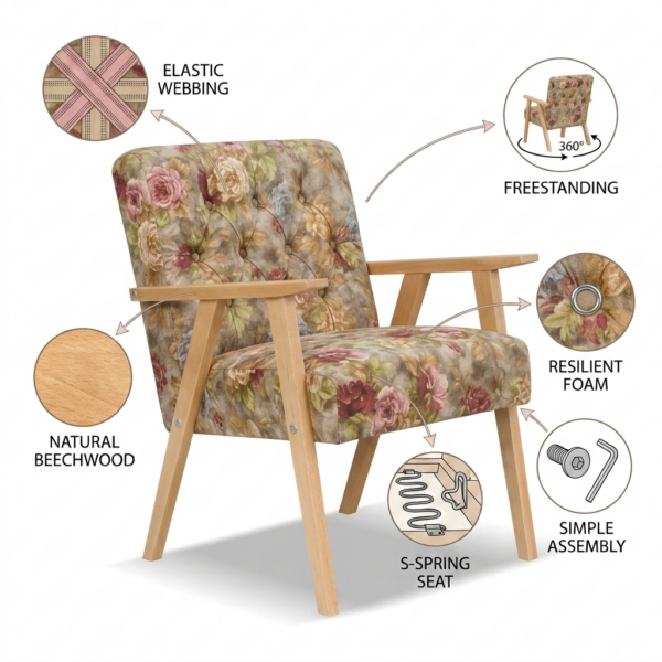 Zestaw wypoczynkowy sofa 2-os 2 fotele retro vintage kwiaty brąz Soler — detale