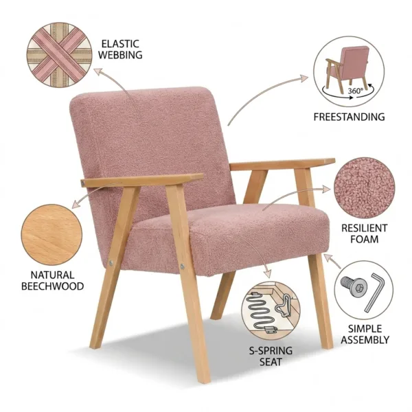 Zestaw wypoczynkowy sofa 2-os 2 fotele welur różowy Soler Family Meble — detale